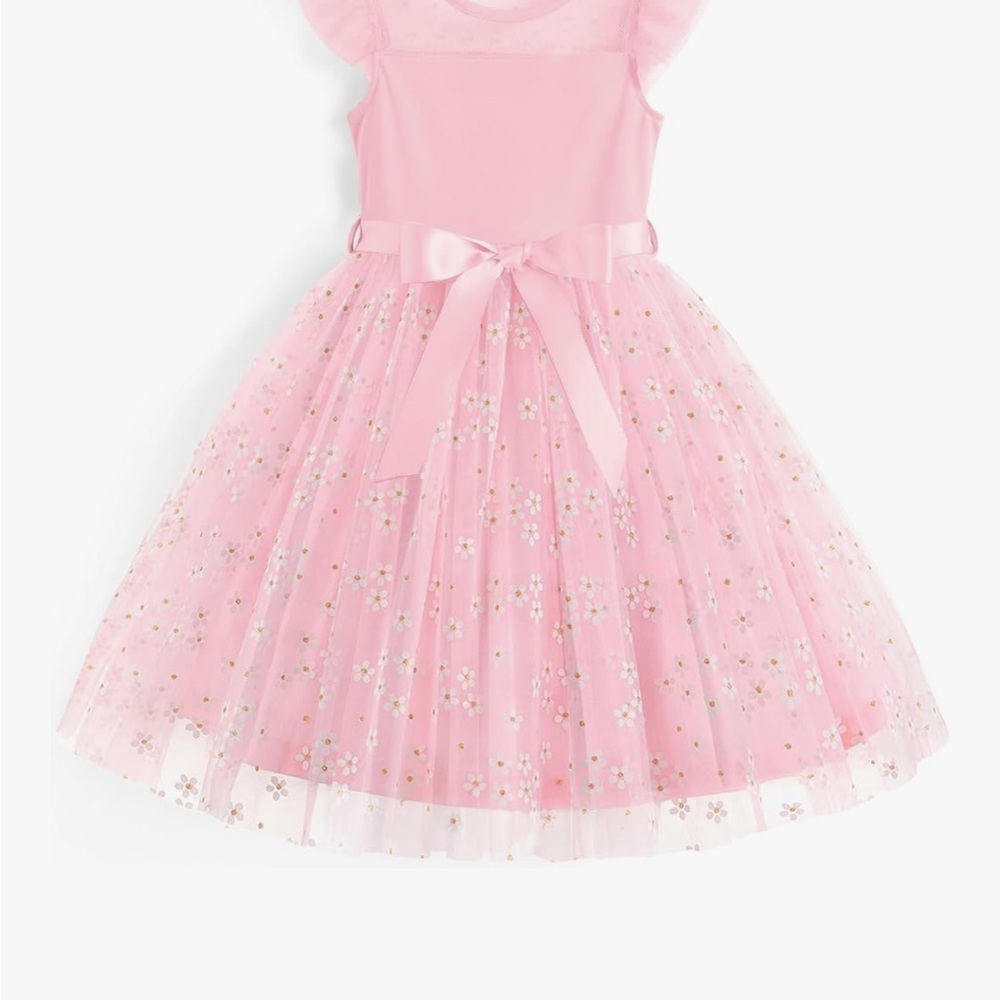Pink Floral Tulle Party Dress with Satin Bow